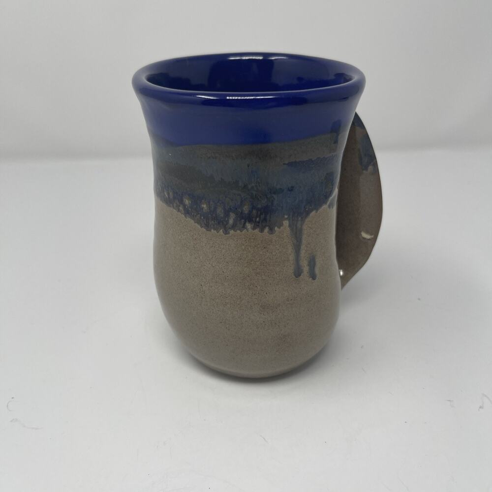 Neher Pottery Hand Warmer Coffee Mug Royal Blue Drip Glaze 12 Oz Signed 2020